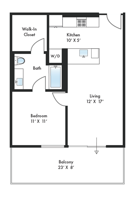 Floor plan for 1 bed, 1 bath, 711 sqft